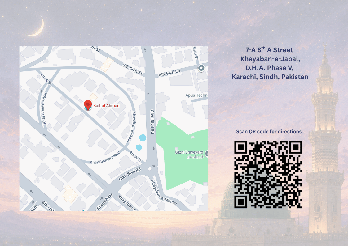 Map showing Bait-ul-Ahmad at 7-A 8th A Street, Khayaban-e-Jabal, DHA Phase V, Karachi, Sindh, Pakistan, with a QR code for directions